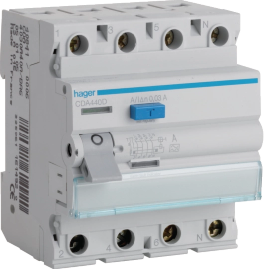 Hager FI-Schutzschalter CDA440D – 4-polig, 40A/30mA, 6kA Typ A | SGS Elektrotechnik