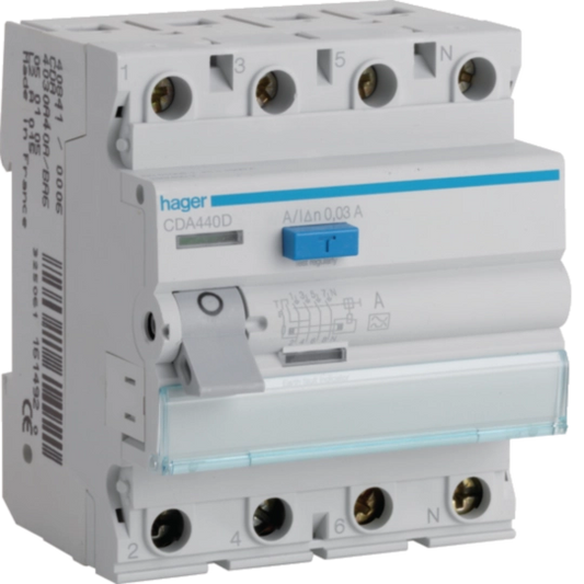 Hager FI-Schutzschalter CDA440D – 4-polig, 40A/30mA, 6kA Typ A | SGS Elektrotechnik